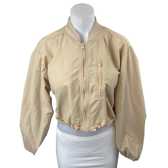 Madden NYC Women's Cream Full Zip Drawcord Long Sleeve Crop Bomber Coat Jacket S - Picture 1 of 4